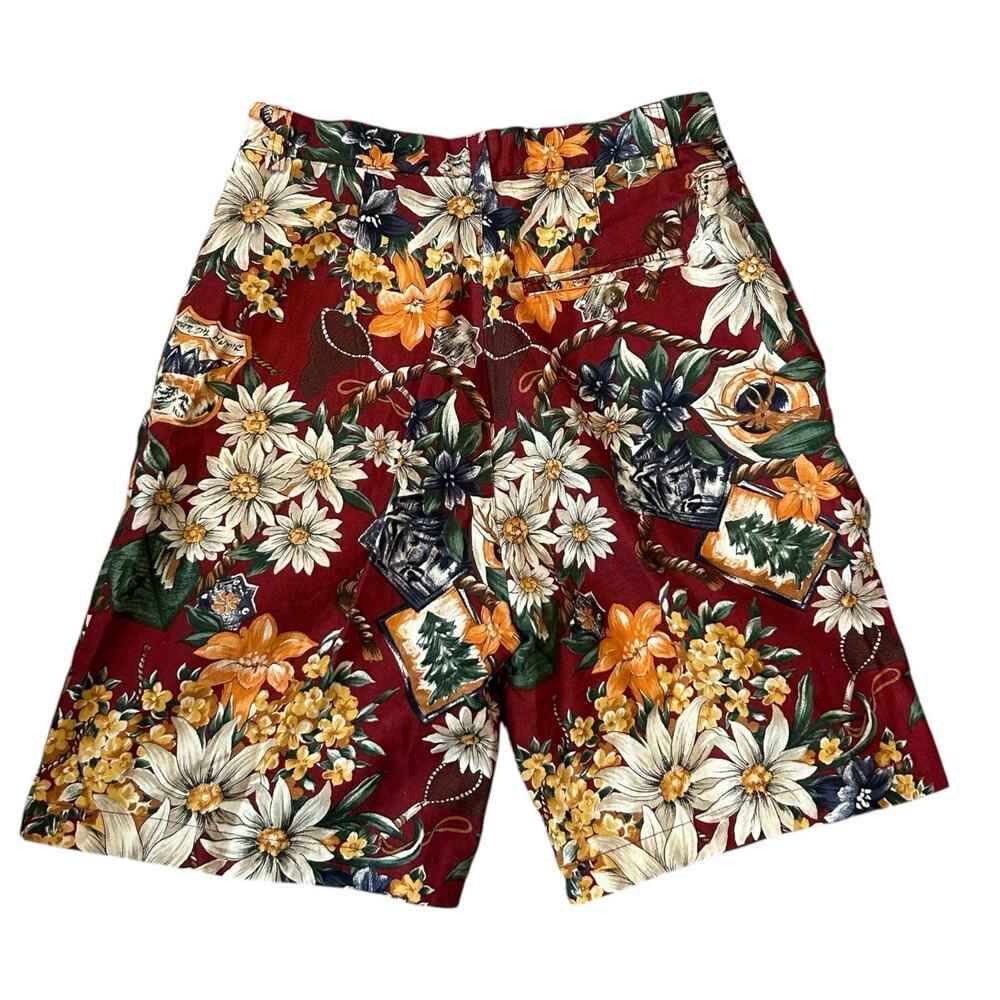 Vintage 90s Y2K Red Floral Linen Cotton Shorts Red Sz 8 USA Hawaii Resort - Picture 3 of 16